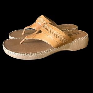 Dr Scholls Double Air-Pillo Tan Susie 2 Thong Leather Sandle Wedge Heel 8.5 NWOT